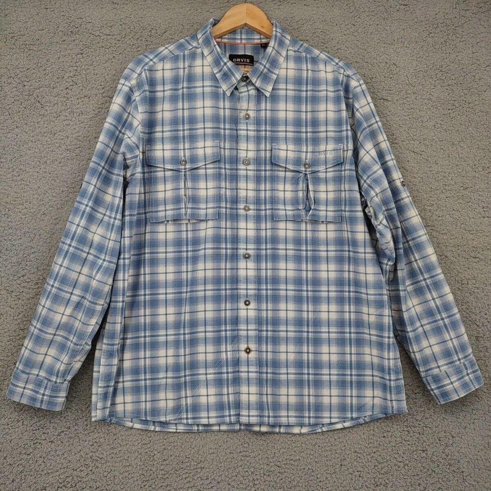 Orvis Shirt Mens Size XL Blue Plaid Active Fit Roll Tab Sleeve Button Up